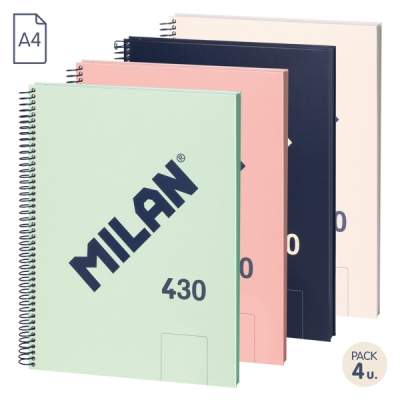 Milan 430 Since 1918 Pack de 4 Cuadernos A4 con Espiral - Hojas Blancas - 80 Hojas de 95g - Tapa Dura - Colores Surtidos