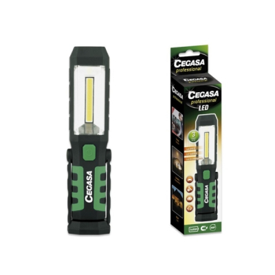 Cegasa Profesional Linterna Magnetica LED - COB Lateral, LED Superior y Luz de Emergencia - Gancho Ajustable 360º - Funciona con 2 Pilas AAA (No Incluidas) - Color Negro/Verde