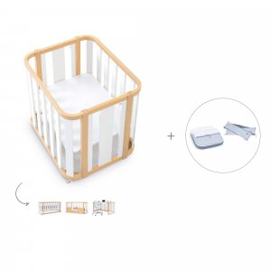 Minicuna-cuna (4en1) madera/blanca + textil minicuna Alba Blu · Crea Plus Tre Life