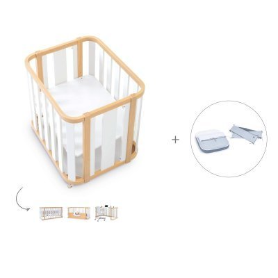 Minicuna-cuna (4en1) madera/blanca + textil minicuna Alba Blu · Crea Plus Tre Life