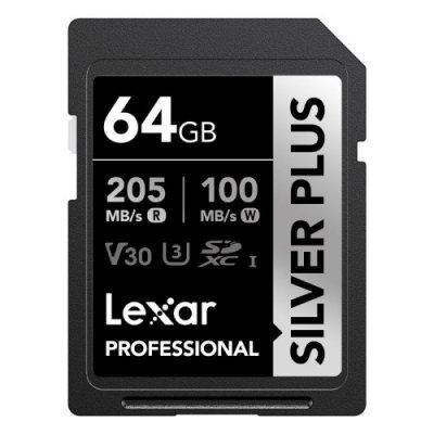 LEXAR 64GB PROFESSIONAL SILVER PLUS SDXC UHS-I CARDS, UP TO 205MB/S READ 100MB/S WRITE C10 V30 U3