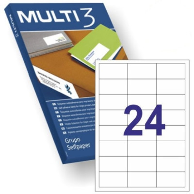 Multi3 Pack de 2.400 Etiquetas Rectangulares Tamaño 64,6x33,8mm - 100 Hojas por 24 Etiquetas - Adhesivo Permanente - Cantos Rectos - Color Blanco
