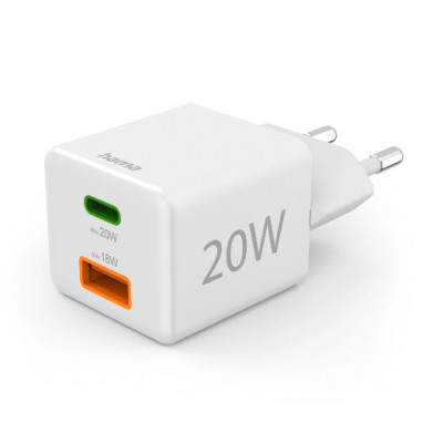 Hama - 00201991 Cargador Mini 230V ``20W´´, USB-C +USB A, QC+PD, Blanco