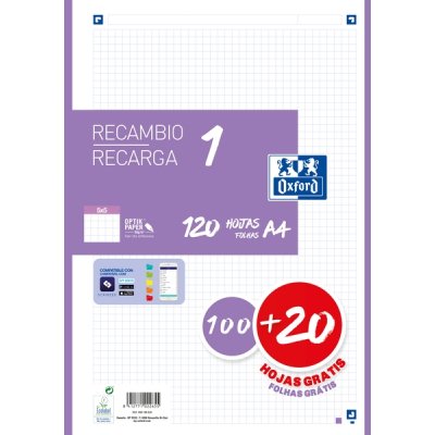 Oxford School Recambio A4 120 Hojas Cuadricula 5x5mm - 4 Taladros - Banda de Color Lila