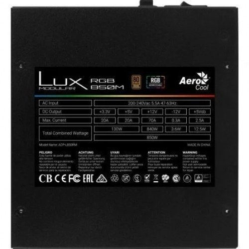 Fuente de Alimentación Aerocool LUX RGB 850M/ 850W/ Ventilador 12cm/ 80 Plus Bronze