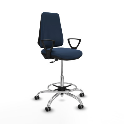 Taburete Elche CP similpiel azul marino brazos fijos base cromada ruedas 65mm engomadas