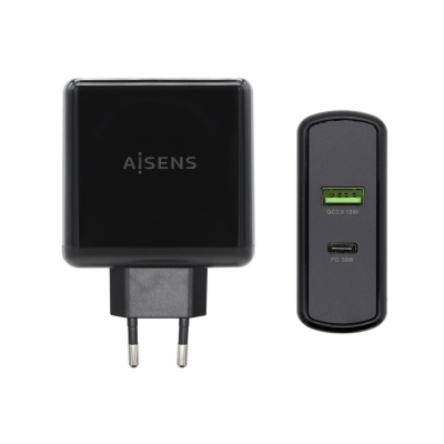 Cargador 48 W, 1x USB-C PD3.0 30 W, 1x USB-A QC3.0 18 W, Negro