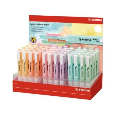 Stabilo Swing Cool Pastel Expositor de 48 Marcadores Fluorescentes - Cuerpo Plano - Punta Biselada - Trazo entre 1 y 4mm - Tinta con Base de Agua - Colores Surtidos