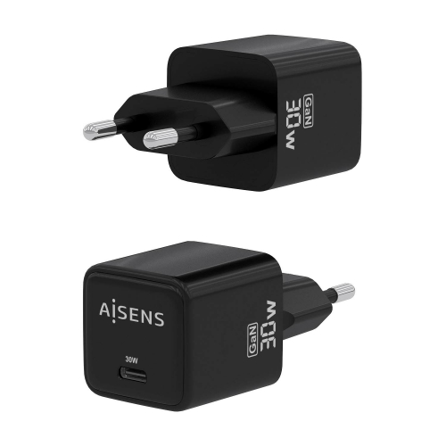 AISENS - CARGADOR GaN 30W, 1xUSB-C PD3.0 QC4.0, NEGRO