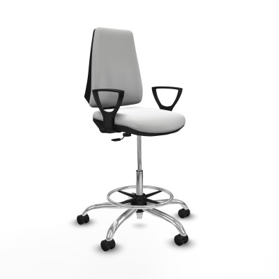 Taburete Elche CP bali blanco brazos fijos base cromada ruedas 65mm nailon