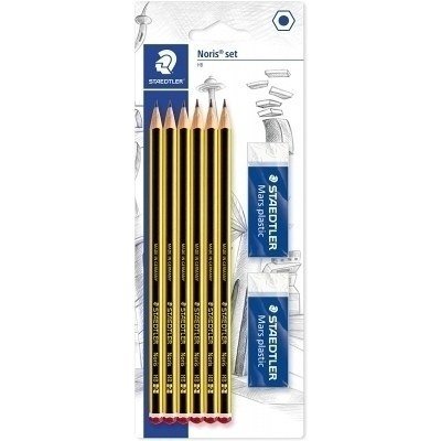 Staedtler Noris 120 Pack de 6 Lapices de Grafito Hexagonales 2HB + 2 Gomas de Borrar Mars Plastic - Madera de Bosques Sostenibles