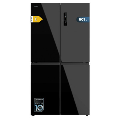Cecotec Bolero CoolMarket 4D 601 Black Glass E Frigorifico Americano 4 Puertas - Capacidad 601L - Compresor Inverter - Total Nofrost - Puerta de Cristal - Clase E - 90.5x73x177.5cm - Color Negro