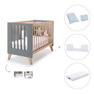Cuna-cama (3en1) 60x120 cm madera/antracita + colchón + textil Mint · Nexor