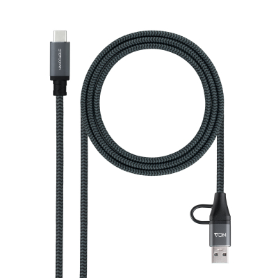Cable USB 3.2 Gen2x2 20Gbps 5A/100W, USB-C+USB-A/M a USB-C/M, Gris/Negro, 1.5m
