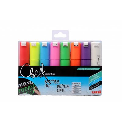 Uni-ball Chalk PWE-8K Pack de 8 Marcadores de Tiza Liquida - Punta Biselada 8mm - Borrado en Humedo - Resistente a la Lluvia - Colores Surtidos