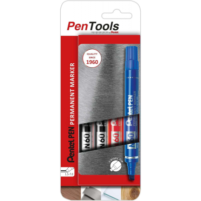 Pentel PenTools Pack de 4 Rotuladores Permanentes Industriales Pentel Pen N60 - Punta Biselada Resistente y Duradera - Trazo 1,5-7mm - Resistente a Agua y Luz - Colores 2x Negro, Azul, y Rojo