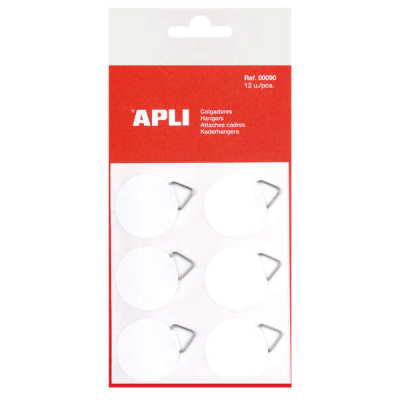 Apli Pack de 12 Colgadores Autoadhesivos Redondos Ø 30mm - Triangulo Metalico de Soporte - Base Adhesiva Blanca - Gran Resistencia - Ideal para Fotos, Calendarios y Posteres