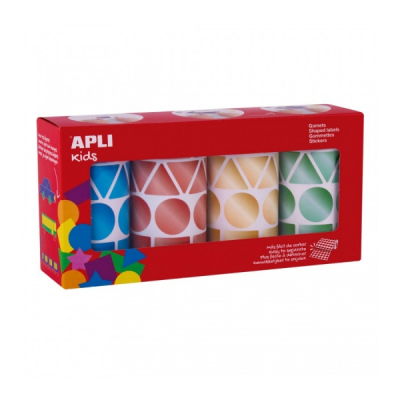 Apli Pack con 4 Rollos de Gomets Geometricos - 1081 Gomets por Rollo - Adhesivo Permanente - 4.324 Gomets en Total - Ideales para Escuelas Infantiles - Colores Metalizados Azul, Rojo Amarillo y Verde