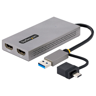 Adaptador de USB a HDMI Doble, USB A/C a 2 Pantallas HDMI (1x 4K30Hz, 1x 1080p), Dongle Integrado USB-A a C, Cable de 11cm, Adaptador USB 3.0 a HDMI, Windows y macOS
