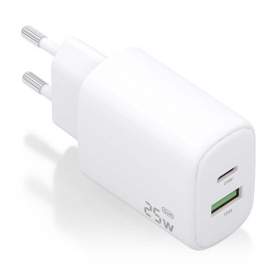 AISENS - CARGADOR GaN 25W, 1xUSB-C PD3.0, 1xUSB-A QC3.0, BLANCO