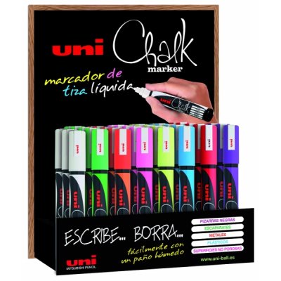 Uni-ball Chalk PWE-5M Expositor de 36 Marcadores de Tiza Liquida - Punta Conica 1.8-2.5mm - Borrado en Humedo - Resistente a la Lluvia - Colores Surtidos