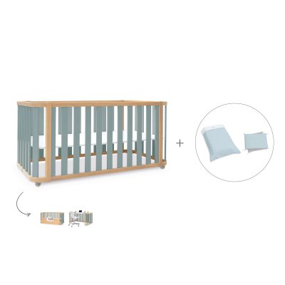 Cuna-cama 70x140 cm madera/verde (3en1) + textil Mint · Crea Plus Due Eucalyptus