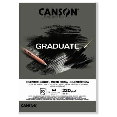 Canson Graduate Mix Media Bloc Encolado de 30 Hojas A4 - 220g - Grano Fino - Color Gris
