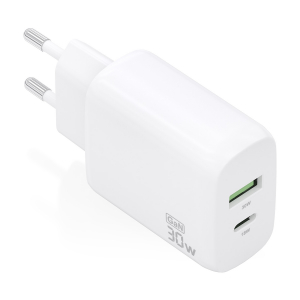 AISENS - CARGADOR GaN 30W, 1xUSB-C PD3.0 QC4.0, 1xUSB-A QC3.0, BLANCO