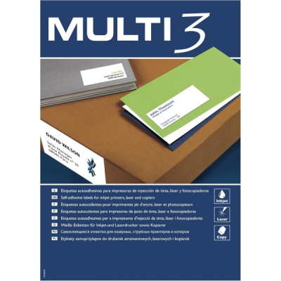 Multi3 Pack de 2.400 Etiquetas Rectangulares Tamaño 70x36mm - 100 Hojas por 24 Etiquetas - Adhesivo Permanente - Cantos Rectos - Color Blanco