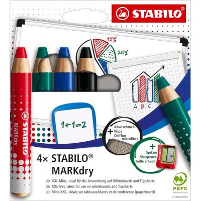 Stabilo MARKdry Pack de 4 Marcadores para Pizarra + Sacapuntas + Paño de Limpieza - Mina XXL de 10mm - Madera 100% Certificada PRFC - Colores Azul, Verde, Rojo y Negro