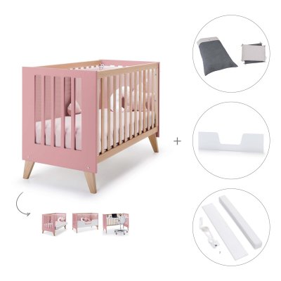 Cuna-cama colecho (4en1) 60x120 cm madera/rosa + textil Stone Grey · Nexor