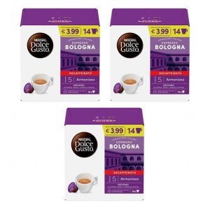 Pack de 3 cajas Dolce Gusto ESPRESO BOLOGNA DESCAFEINADO, 14 unidades por caja, 42 cápsulas en total