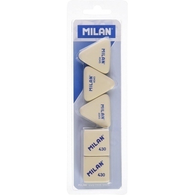 Milan Pack de 5 Gomas de Borrar, 3x Gomas 4045 Nata Triangulares + 2xGomas 430 Cuadradas - Miga de pan - Caucho Suave Sintetico - Color Blanco