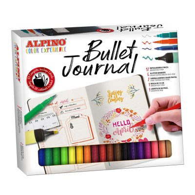 Alpino Color Experience Kit Bullet Journal con 12 Rotuladores Doble Punta (0.7mm y 2.9mm) - 2 Marcadores Pastel - 6 Rotuladores con Efecto Purpurina - Regla de 15cm - Libreta de 80 Paginas - Ideal par