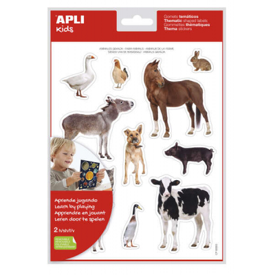 Apli Bolsa de Gomets Tematicos Realistas Animales de la Granja - 24 Gomets - Adhesivo Removible - Desarrollo de Habilidades Motoras - Normas de Calidad y Seguridad Cumplidas - Coloridos