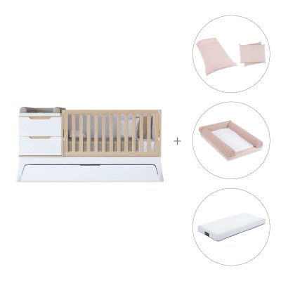 Cuna convertible blanco/madera 70x140 cm con cama nido + colchón + textil Cremarosa · Zen K460