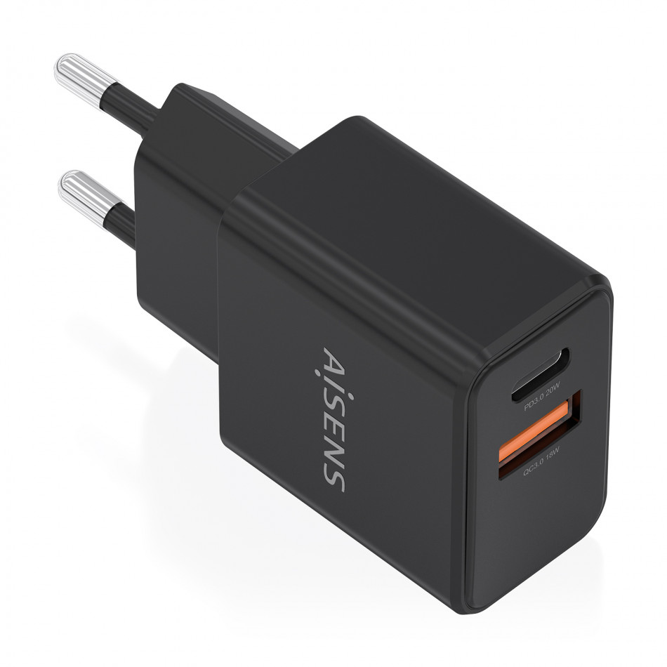 AISENS - CARGADOR GaN 20W, 1xUSB-C PD3.0, 1xUSB-A QC3.0, NEGRO