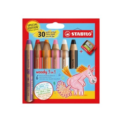 Stabilo Woody 3 en 1 30º Aniversario Unicornio Pack de 6 Lapices de Colores + Sacapuntas - Lapiz de Color, Cera y Acuarela, Todo en Uno - Mina XXL 10mm - Colores Surtidos
