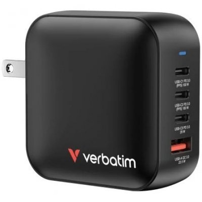 Cargador de Pared Universal GaN Verbatim Mini GaN Wall Charger/ 3xUSB Tipo-C/ 1xUSB/ 100W