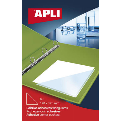Apli Bolsillos Adhesivos Triangulares - Tamaño 170 x 170mm - Ideal para Incorporar a Carpesanos, Carpetas, Libros, Etc - 6 Bolsillos por Bolsa