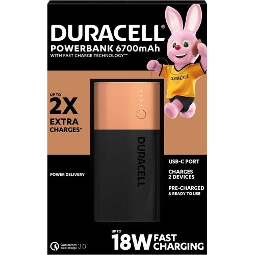 Duracell Bateria Externa/Power Bank 6700mAh PD 18W y QC 3.0 - 1x USB-A, 1x USB-C - Indicadores Led - 2 Dispositivos Simultaneamente