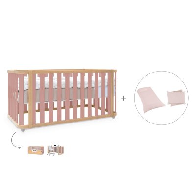 Cuna-cama 70x140 cm madera/rosa (3en1) + textil Cremarosa · Crea Plus Due Quarzo Rosa