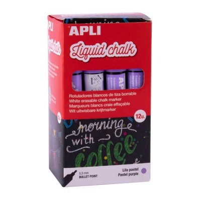 Apli Pack de 12 Rotuladores de Tiza Liquida - Punta Redonda - Ideal para Pizarras, Plastico, Vinilos, Metal, Etc - Facil de Borrar - Secado Rapido - Color Lila Pastel