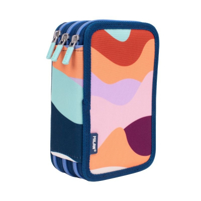 Milan The Fun Plumier de 3 Pisos con Goma de Borrar, Sacapuntas, Lapiz, 3 Boligrafos Capsule, Regla, 12 Lapices de Colores, 6 Lapices de Colores Metalizados, 5 Fluorescentes, Tijeras y 18 Rotuladores