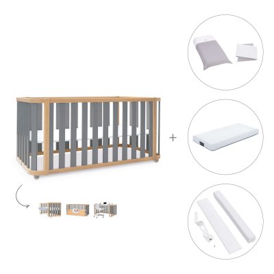 Cuna-cama colecho 70x140 cm madera/gris (4en1) + colchón + textil Carezza · Crea Plus Due Antracita