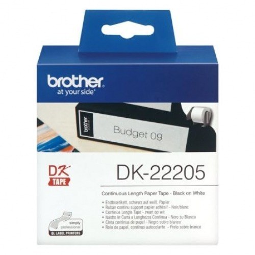 Brother DK22205 - Etiquetas Originales de Tamaño personalizado - Ancho 62mm x 30,48 metros - Texto negro sobre fondo blanco