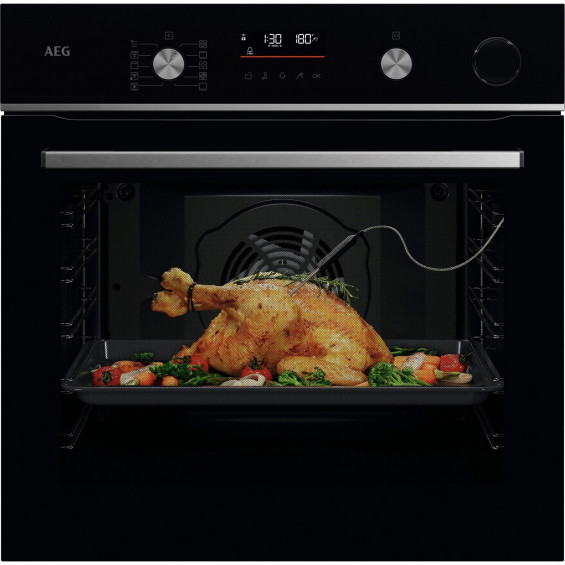Horno de vapor pirolítico AEG OR6PB51WSB, Serie 6000 SenseCook SteamCrisp, 72 litros, 9 funciones, 45 programas, WiFi, sonda térmica, negro/inox