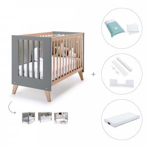 Cuna-cama colecho (4en1) 60x120 cm madera/antracita + colchón + textil Mare · Nexor