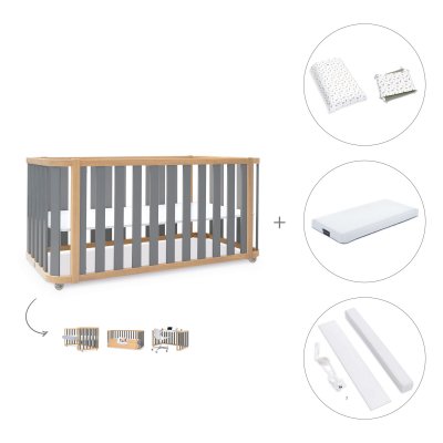 Cuna-cama colecho 70x140 cm madera/gris (4en1) + colchón + textil Natura · Crea Plus Due Antracita