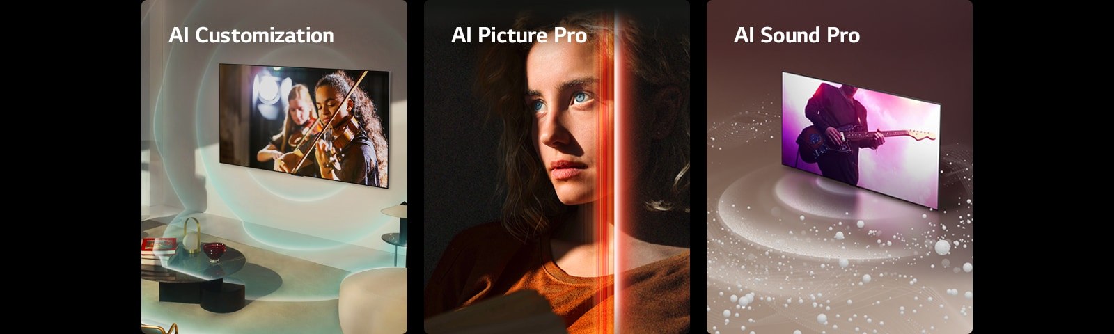 LG OLED en un salón moderno que muestra una actuación musical en pantalla. Unas ondas circulares azules que representan la personalización rodean el televisor y el espacio. Una mujer con penetrantes ojos azules y un top naranja quemado en un espacio oscuro. Unas líneas rojas que representan los refinamientos de la IA cubren parte de su rostro, que es brillante y detallado, mientras que el resto de la imagen parece apagada. LG OLED TV mientras burbujas de sonido y ondas salen de la pantalla y llenan el espacio.